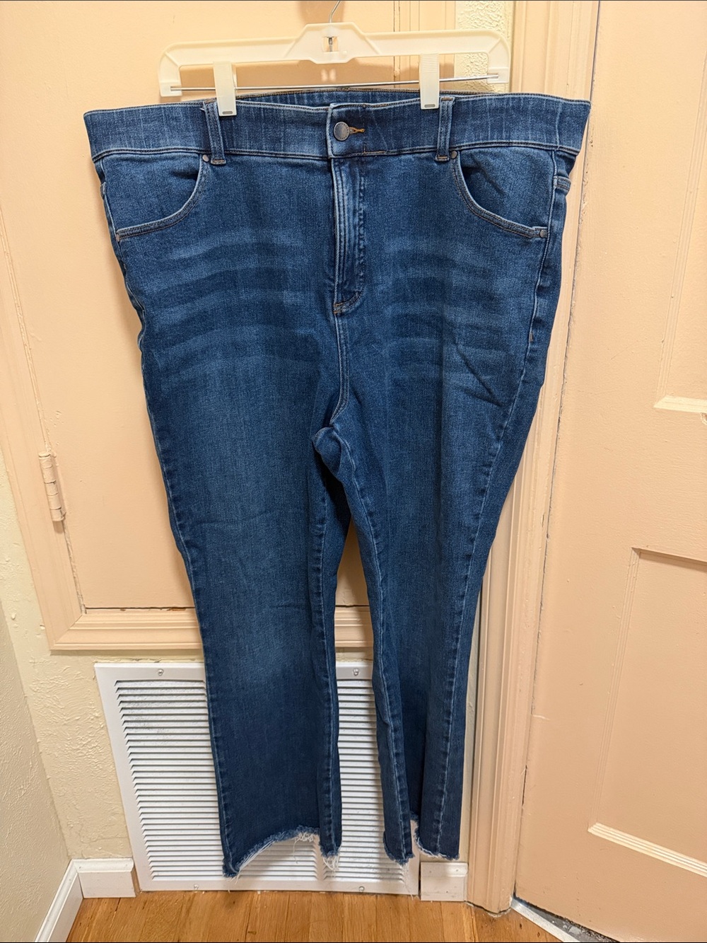 Universal Standard Dark Blue Bootcut Jeans with Raw Hem